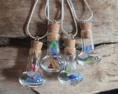 4 JEANNIE / GENIE BOTTLE PENDANTS with SEA GLASS & Silver Chains